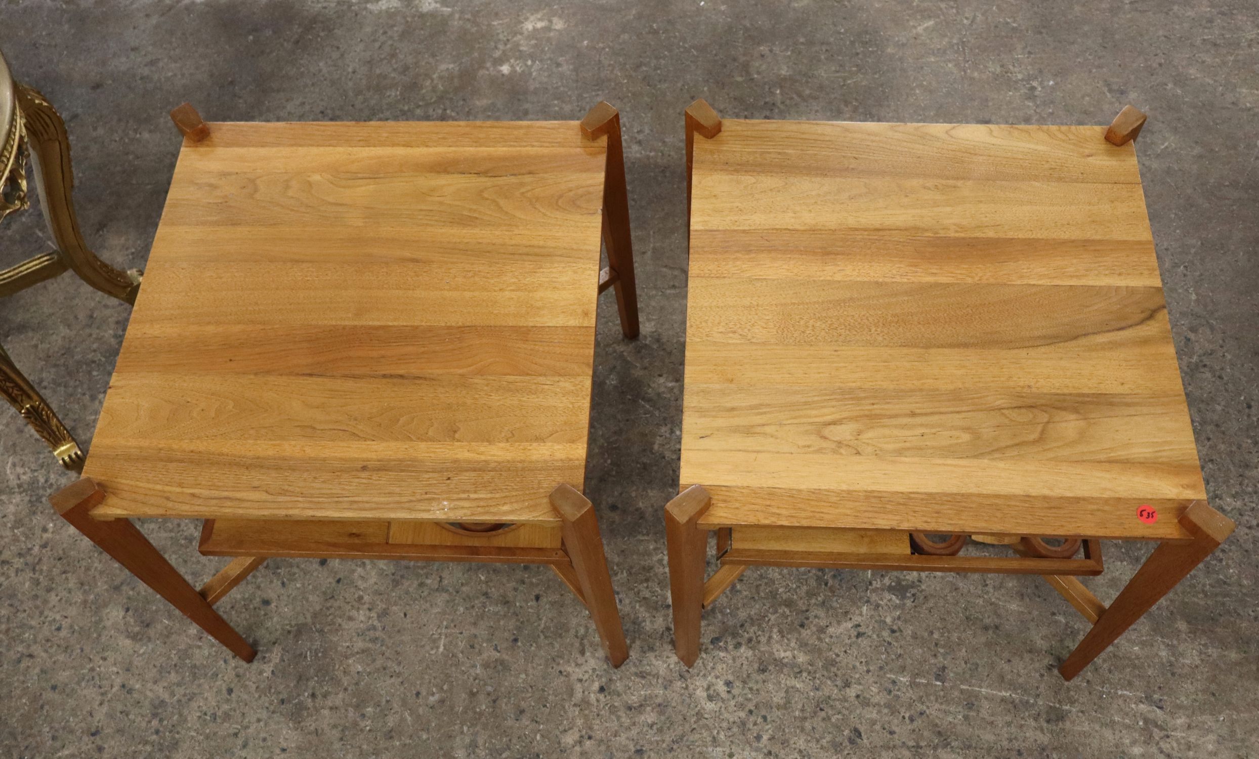 Pair MCM walnut 2-tier square lamp tables