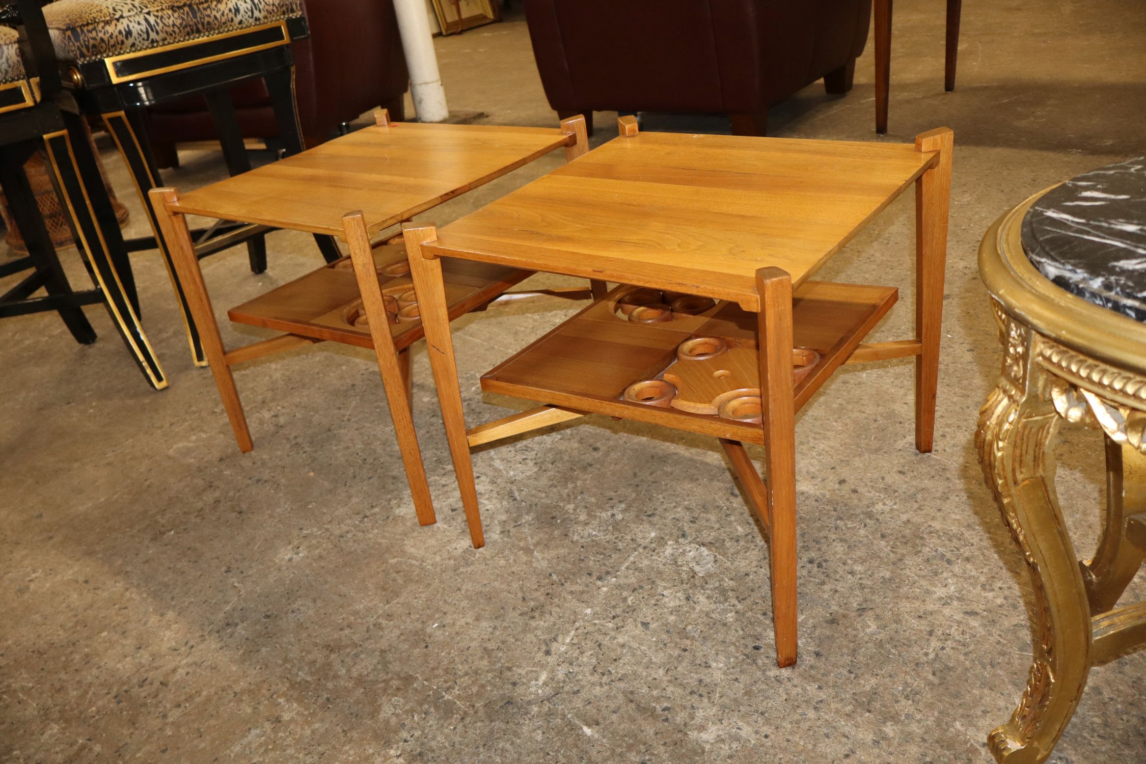 Pair MCM walnut 2-tier square lamp tables