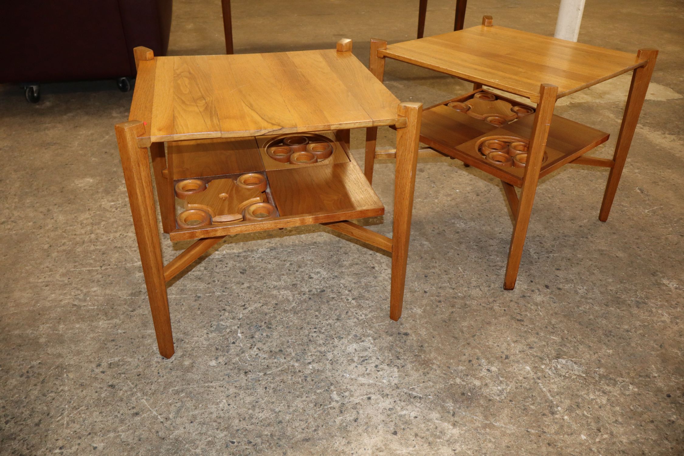 Pair MCM walnut 2-tier square lamp tables