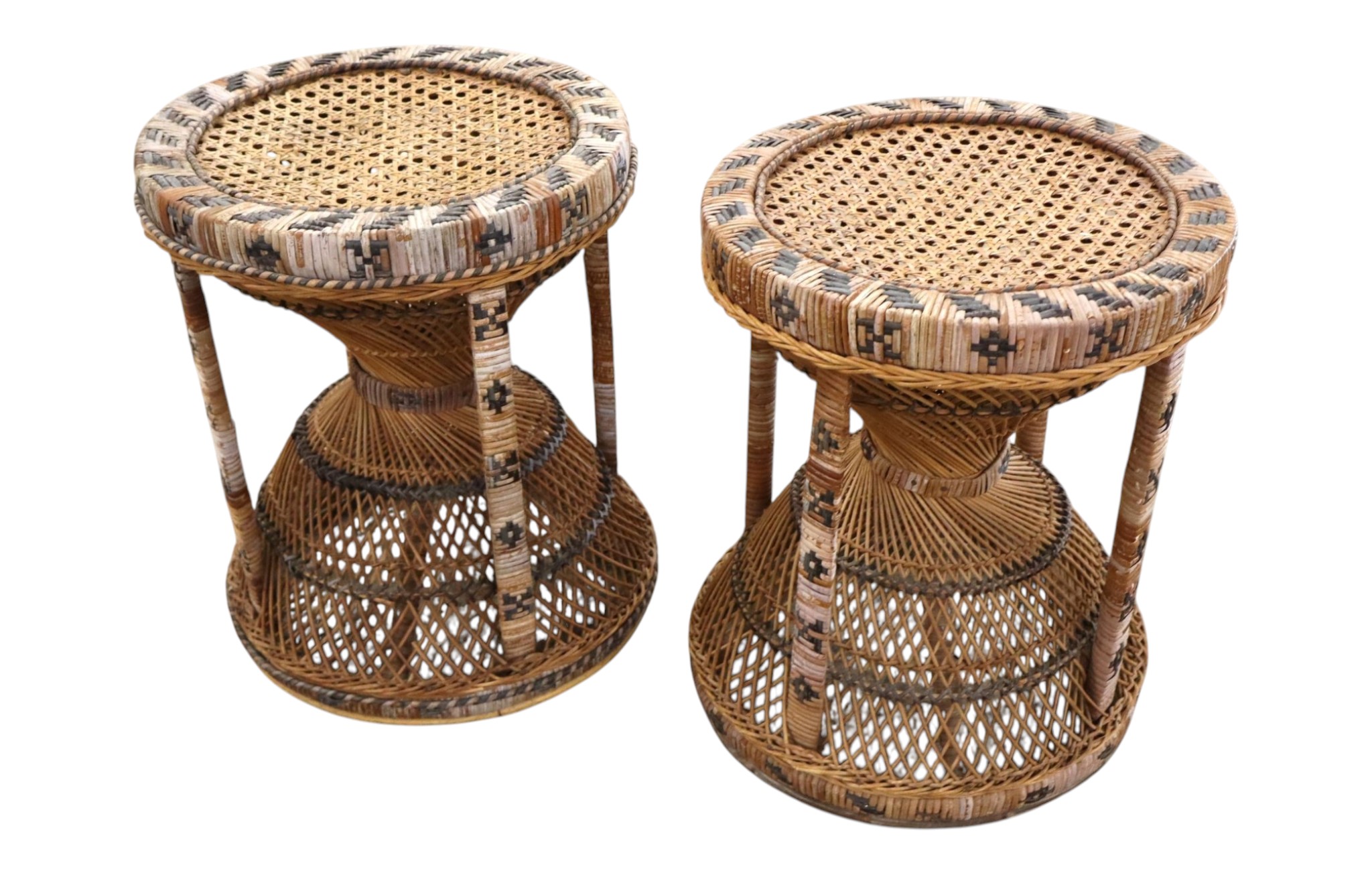 Pair of MCM peacock boho chic hour glass stools