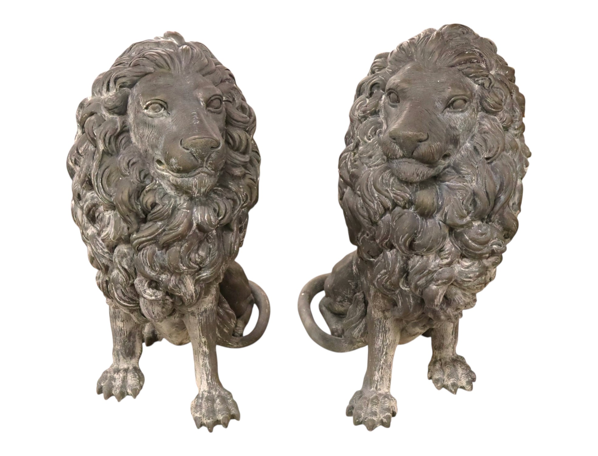 PR 20thC Bronze Sitting Lions Statues Left & Right