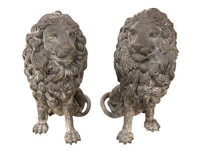 PR 20thC Bronze Sitting Lions Statues Left & Right. Match pair of 20th century bronze sitting 