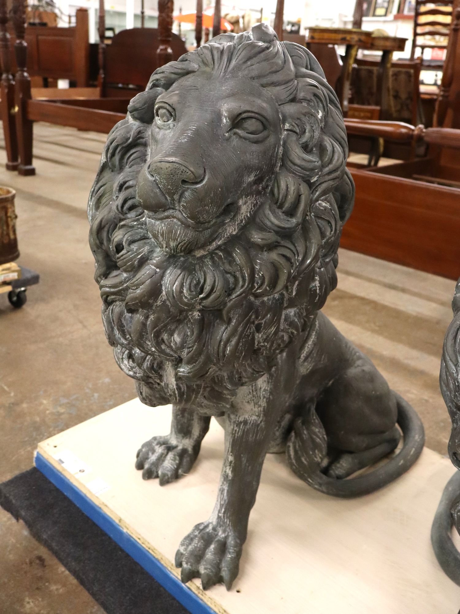 PR 20thC Bronze Sitting Lions Statues Left & Right