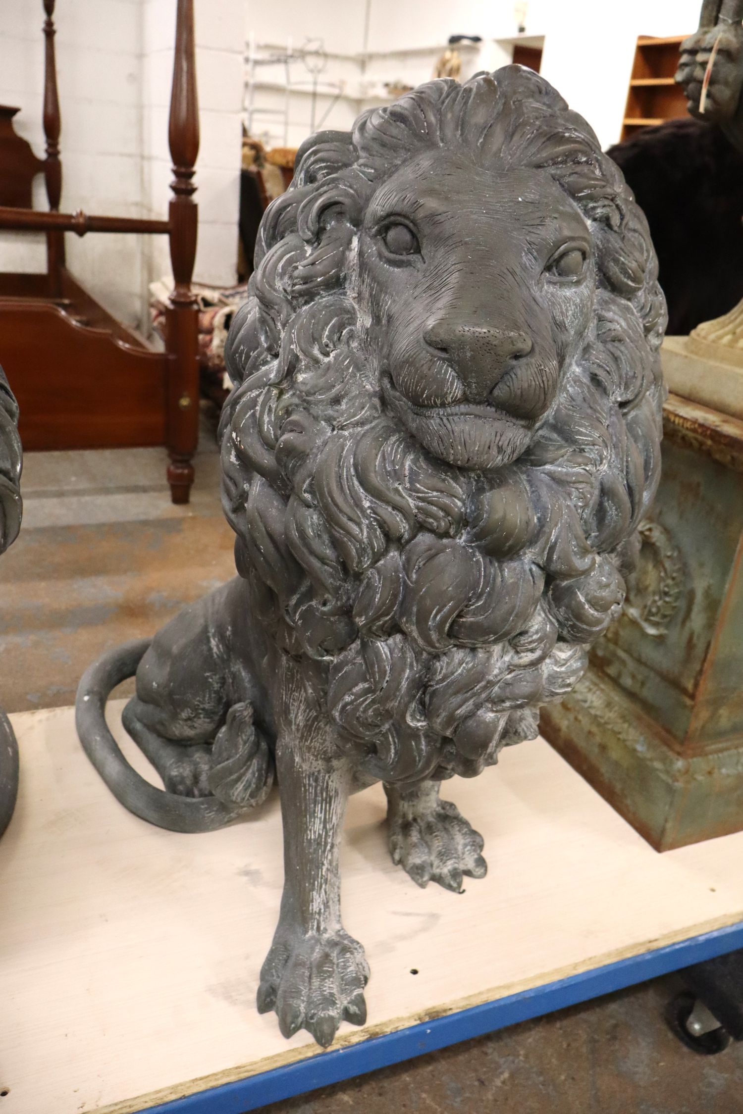 PR 20thC Bronze Sitting Lions Statues Left & Right