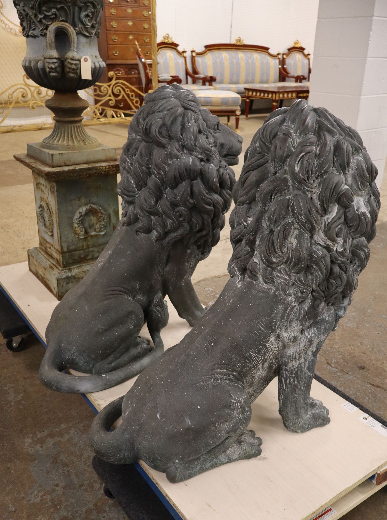 PR 20thC Bronze Sitting Lions Statues Left & Right
