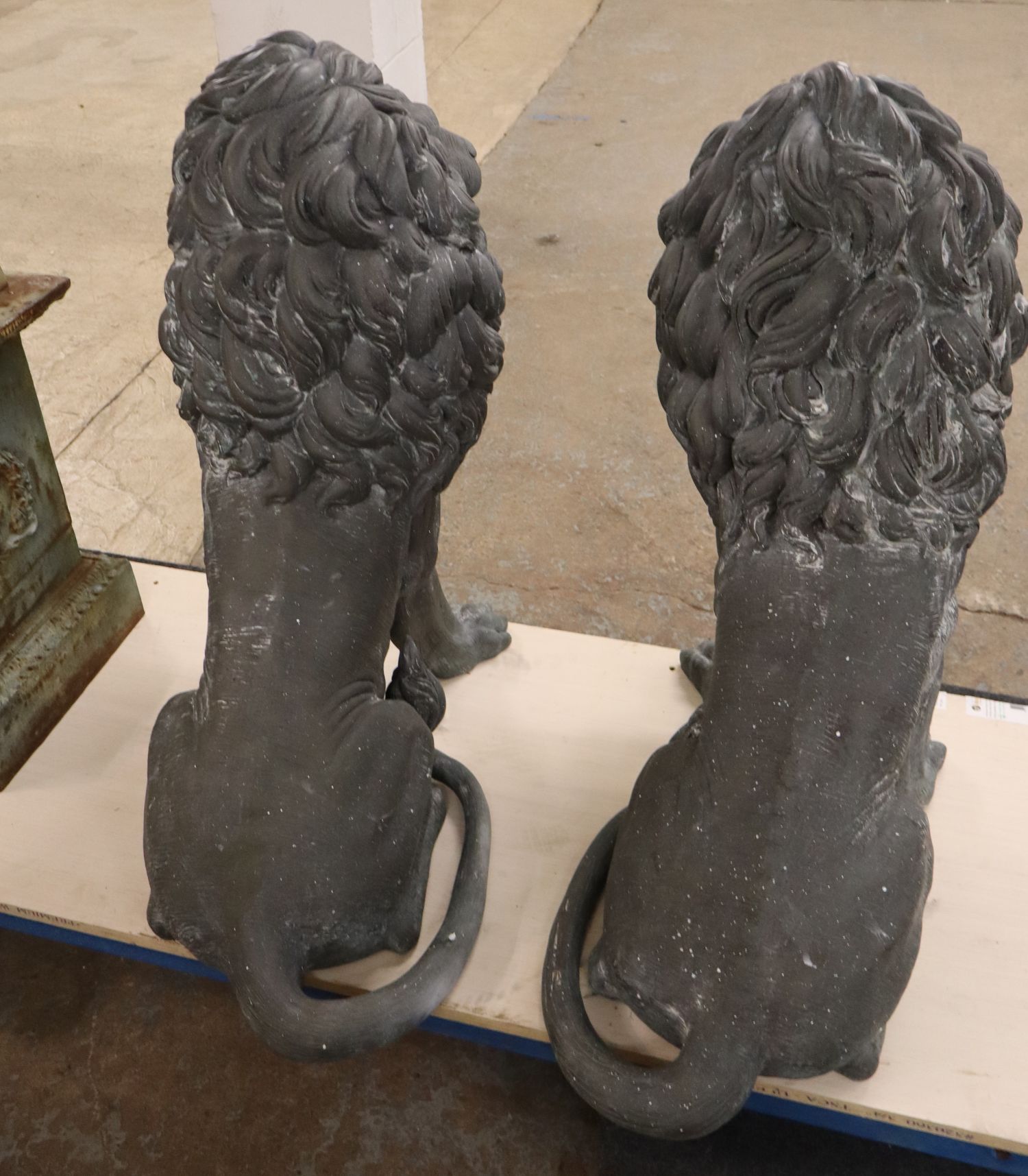 PR 20thC Bronze Sitting Lions Statues Left & Right