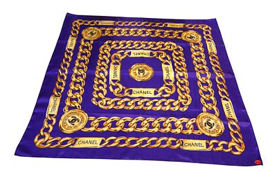 Vintage Chanel style silk scarf with sewn edges in Purple Blue Gold Chain. 35" x 35"