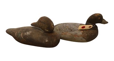 PR Antique Wood Black Duck & Bluebill Decoys. Pair of antique primitive hand-carved wood decoys. 