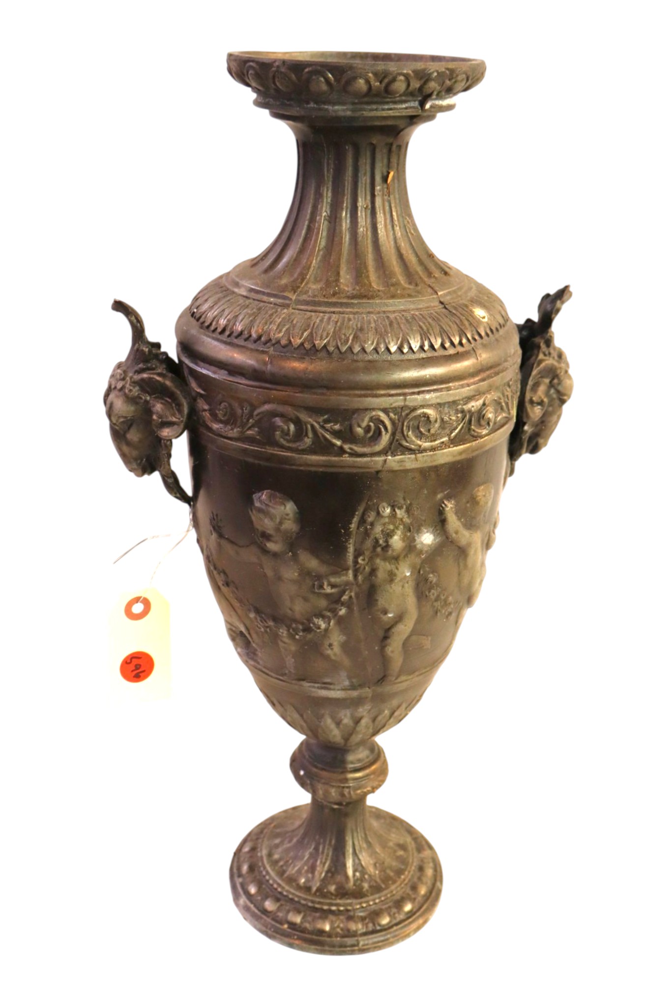 Antique Neoclassical Figural Spelter Cherub Urn