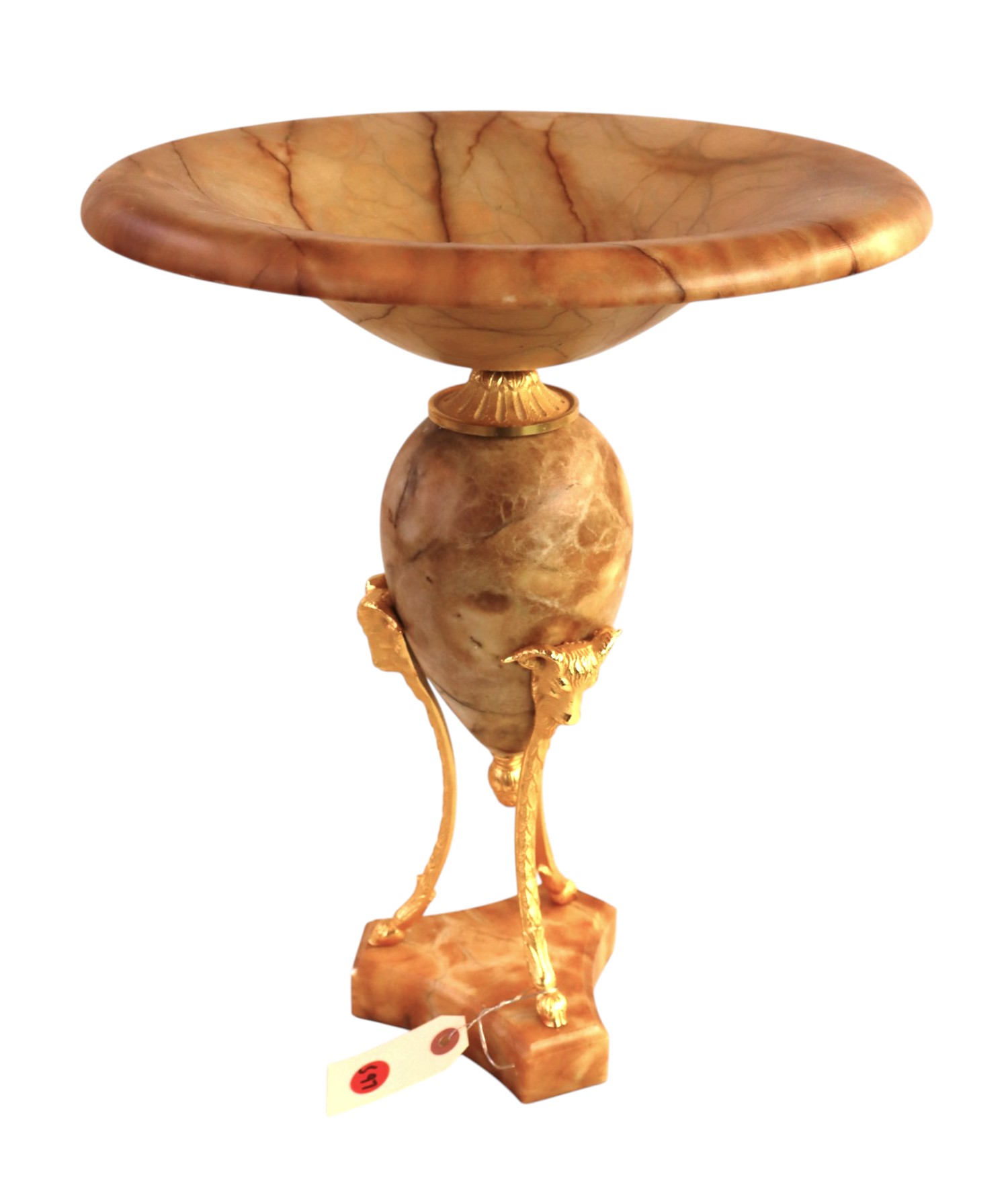20thC Onyx Dore Bronze Rams Head Elevated Compote
