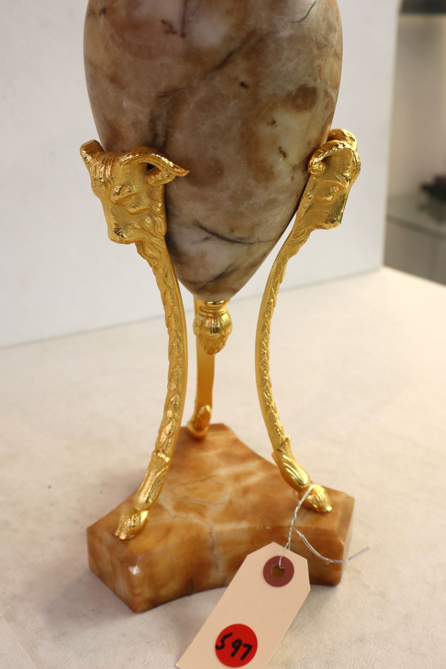 20thC Onyx Dore Bronze Rams Head Elevated Compote