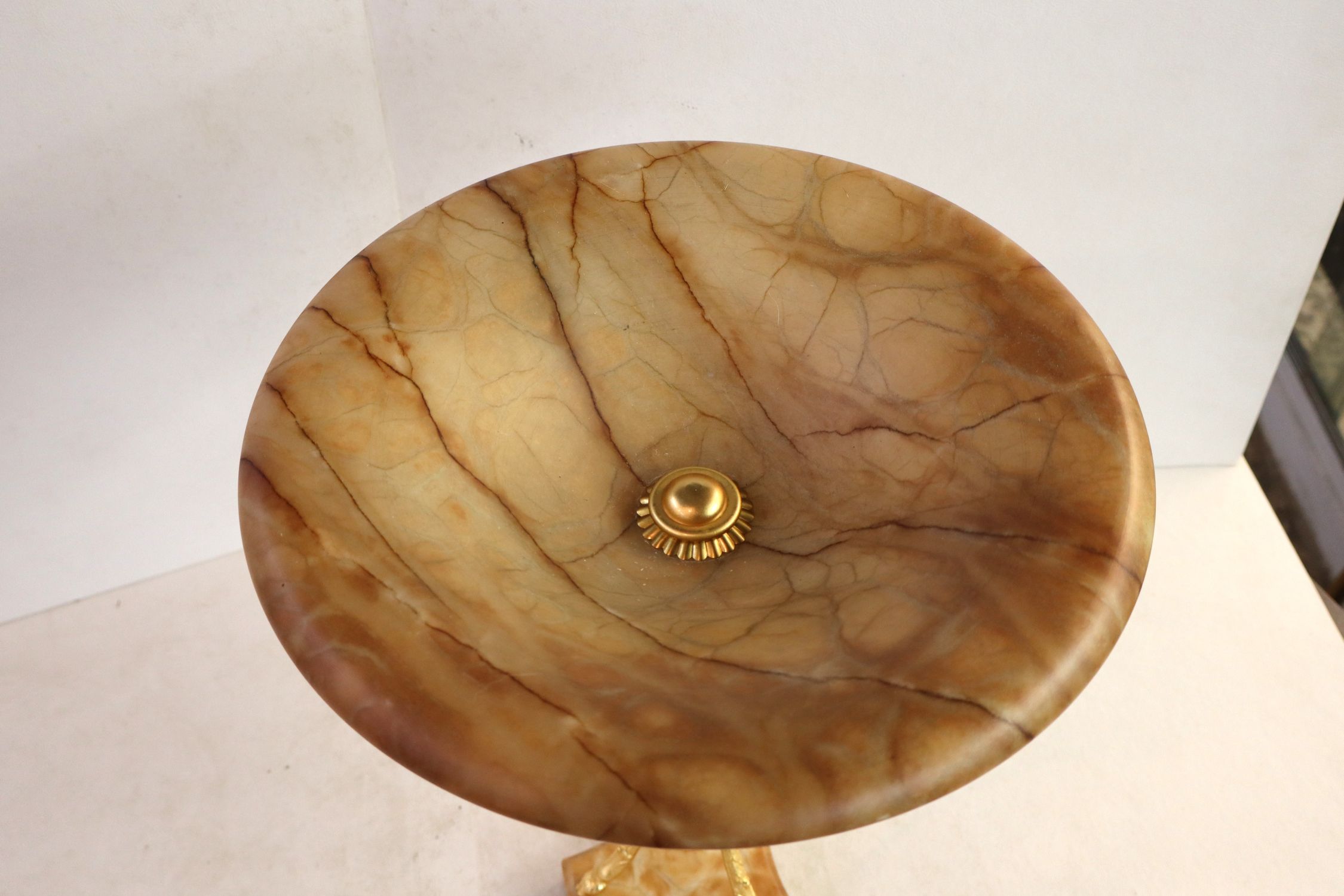 20thC Onyx Dore Bronze Rams Head Elevated Compote