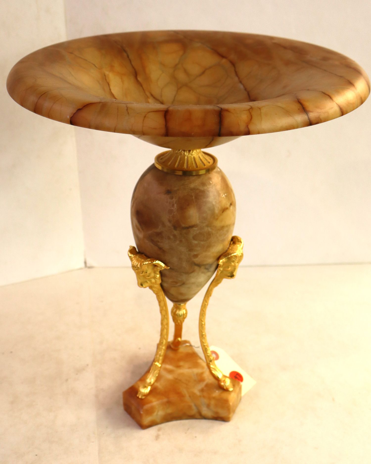 20thC Onyx Dore Bronze Rams Head Elevated Compote