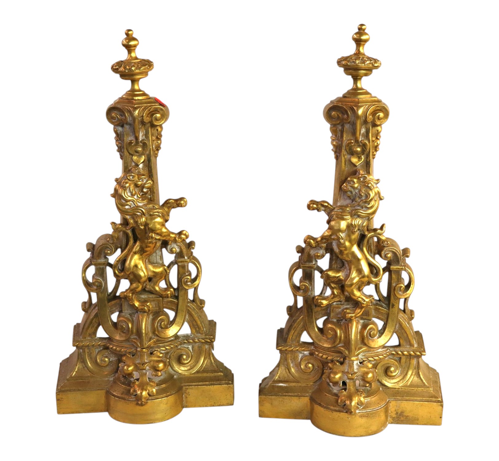 PR ant. brass full body lions fireplace andirons