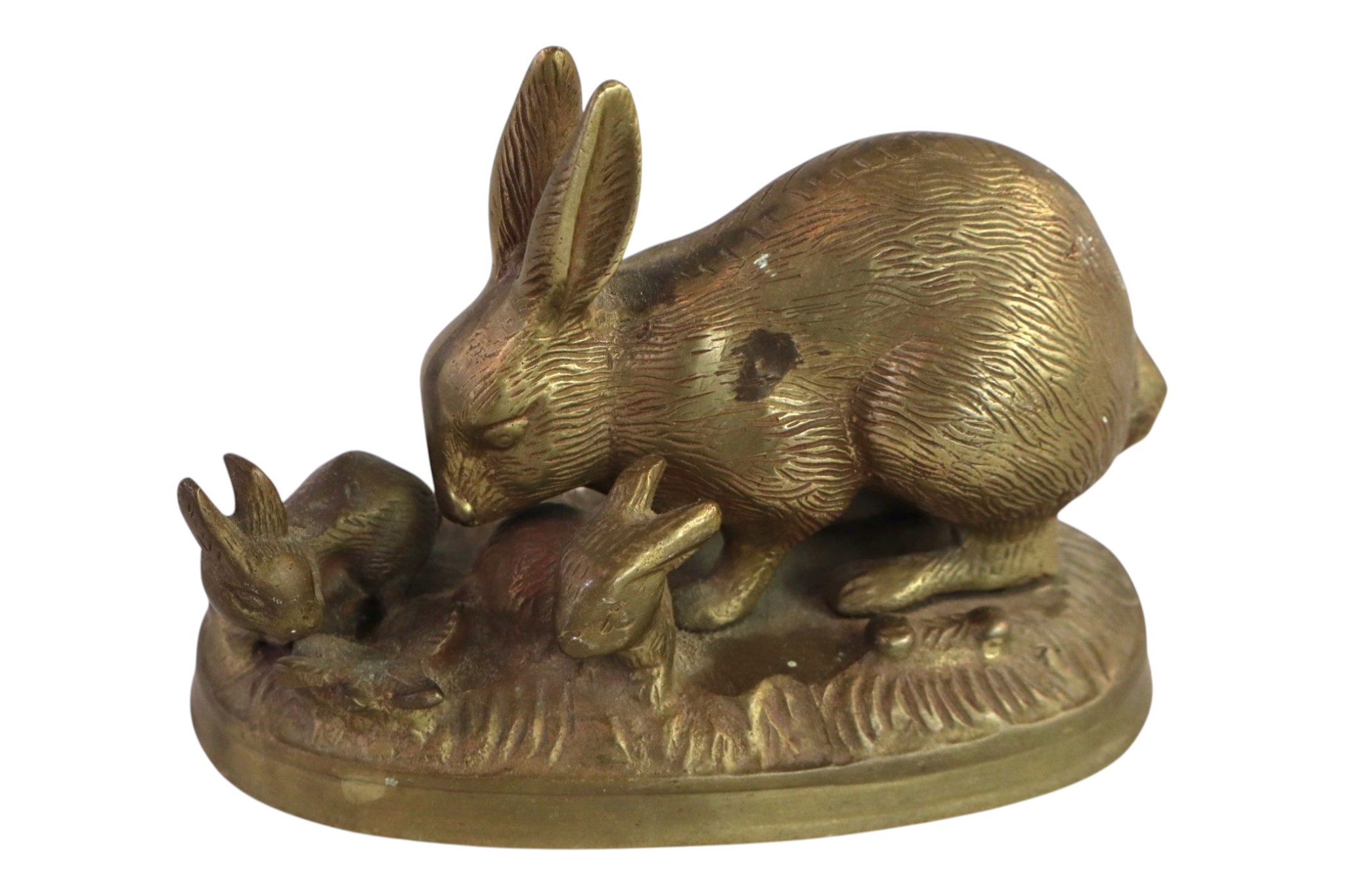 Vintage solid brass bunny rabbit with babies. 4"h x 6"l x 3"d