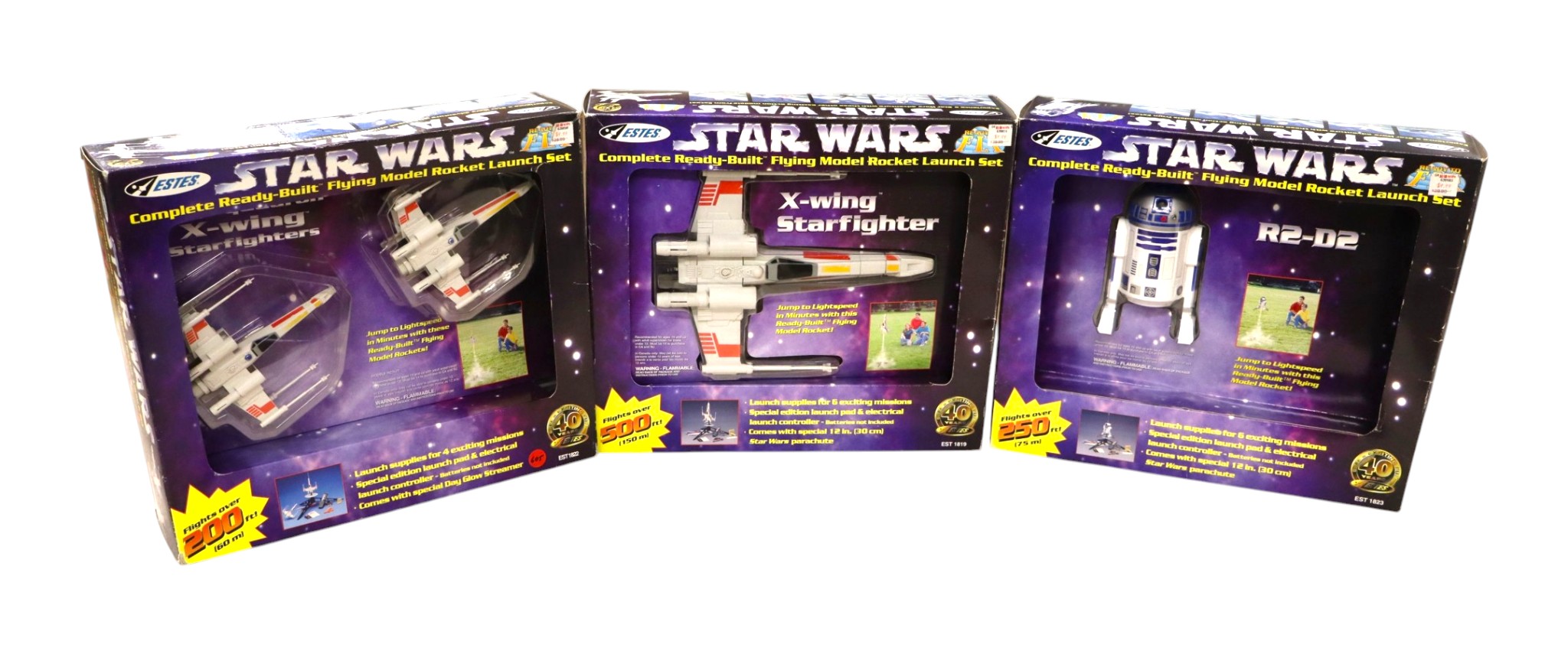 3 vintage Star Wars model rocket launch sets by Estes, new in boxes, unused and unopened. Ea. Box 14"h x 16"w x 4"d
