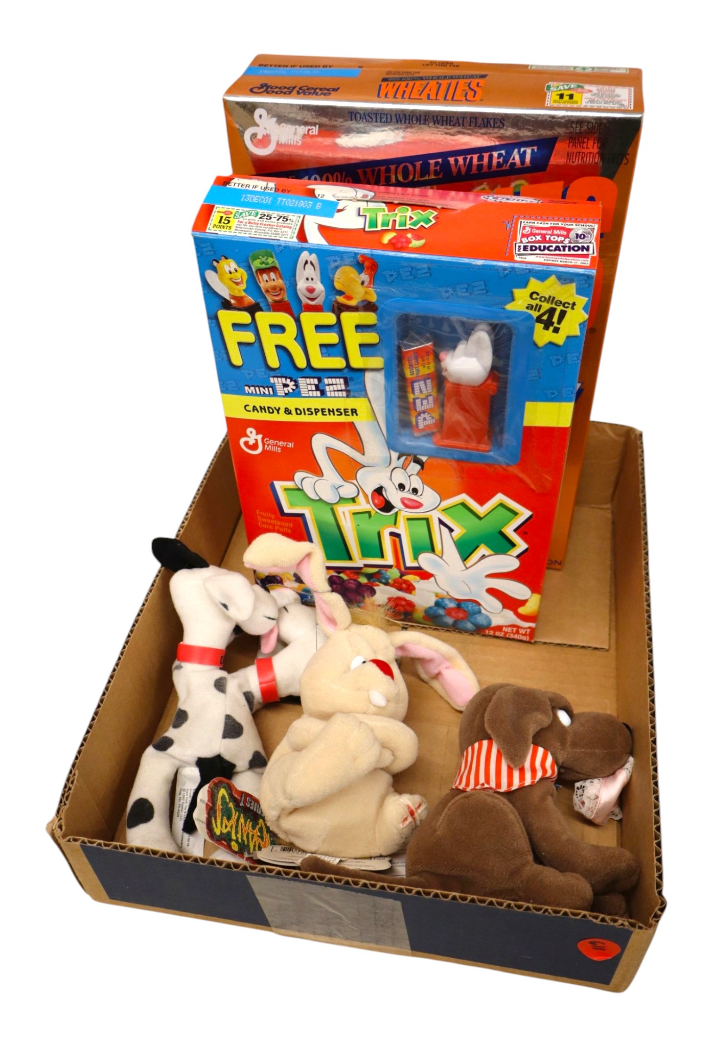 5 piece set: 3 Meanies, Trix Box of Cereal with Pez Container and a Full Unopened Wheaties Box.