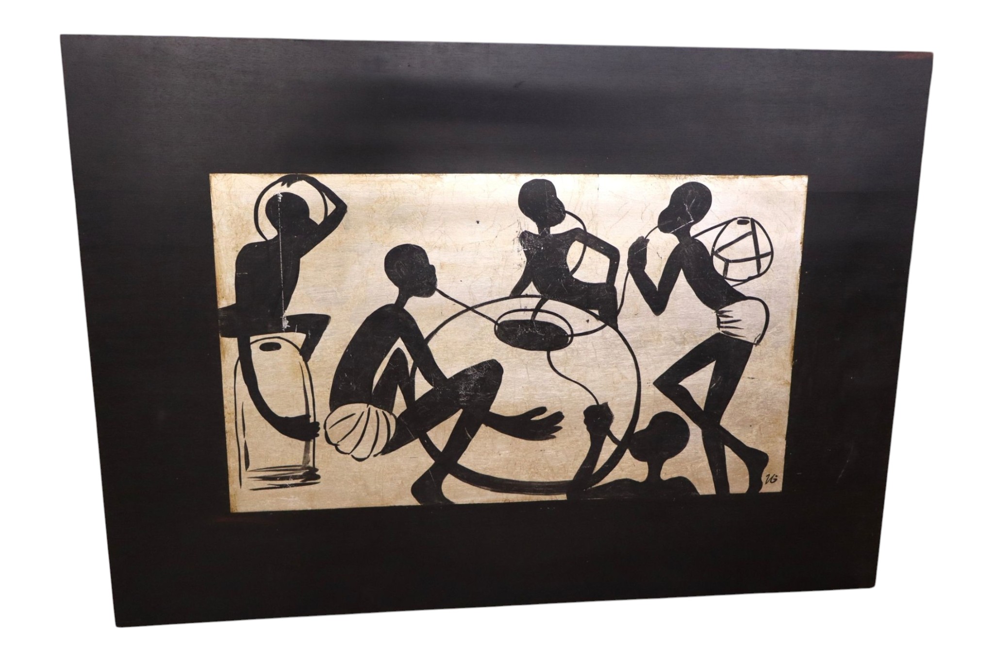 African Tribal Folk Art Signed Wood Panel Painting