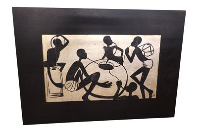 African Tribal Folk Art Signed Wood Panel Painting. African folk art tribal gathering 