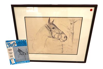 Muldowney Horse Sketch Framed 1976 w/Turf Magazine. Original pencil graphite sketch of horse by 