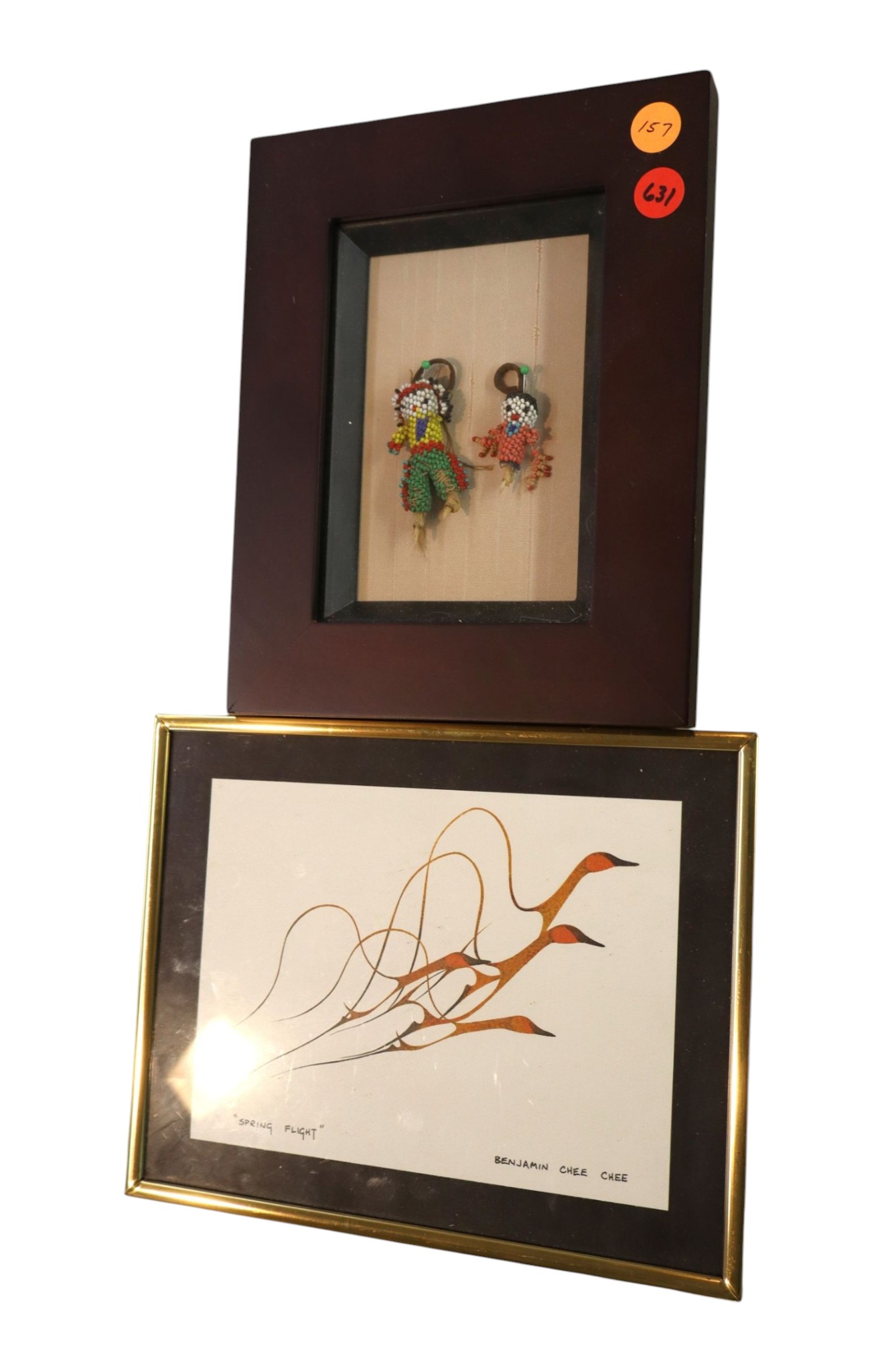 Framed 2 beaded Indian dolls and Benjamin Chee Chee artwork titled Spring Flight. 10" x 8" ea.