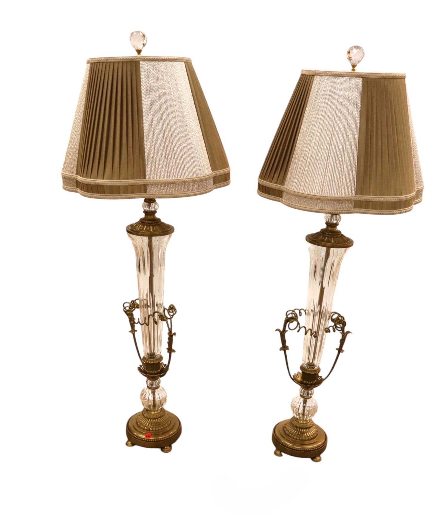 PR bronze and lead crystal table lamps with clean silk shades