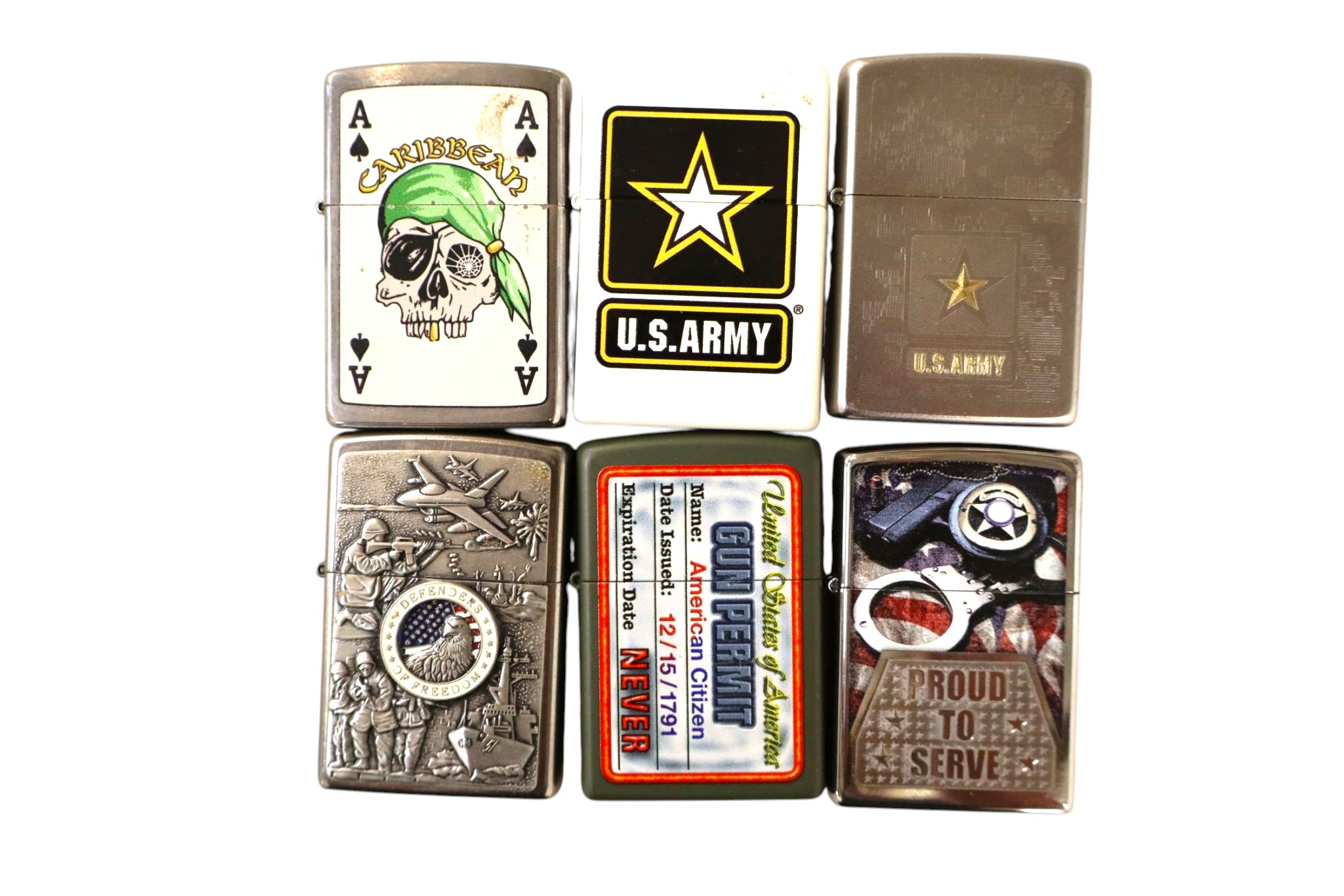6 vintage Zippo lighters.