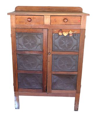 Antique primitive country pierce tin pie safe in mixed woods popular pine and other, 2 drawer 2 