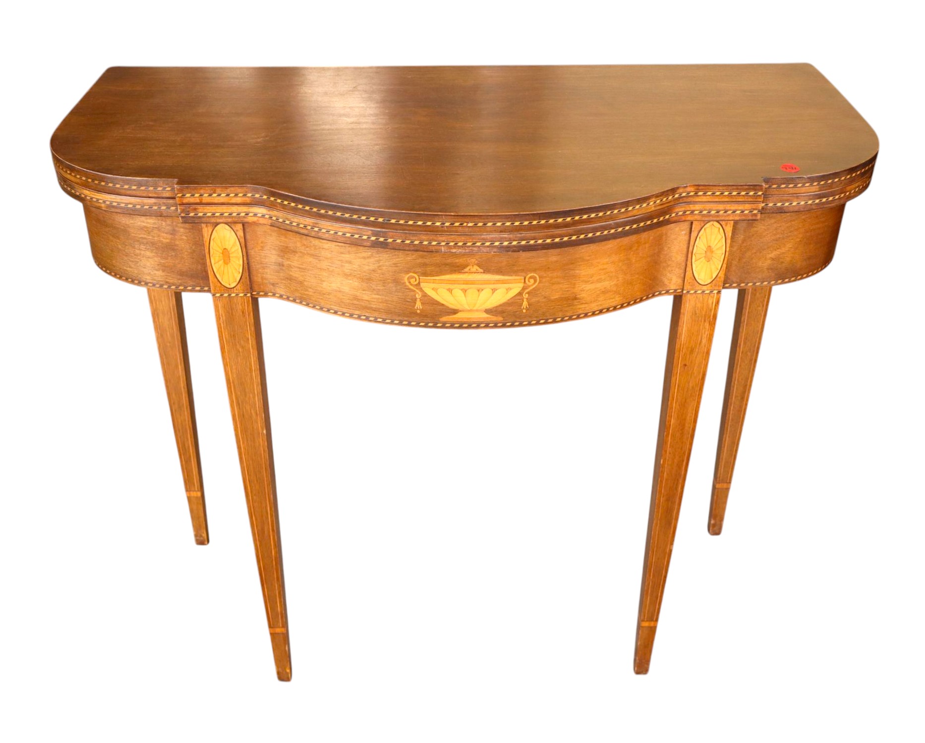 Federal style mahogany inlaid clover front game table, semi antique