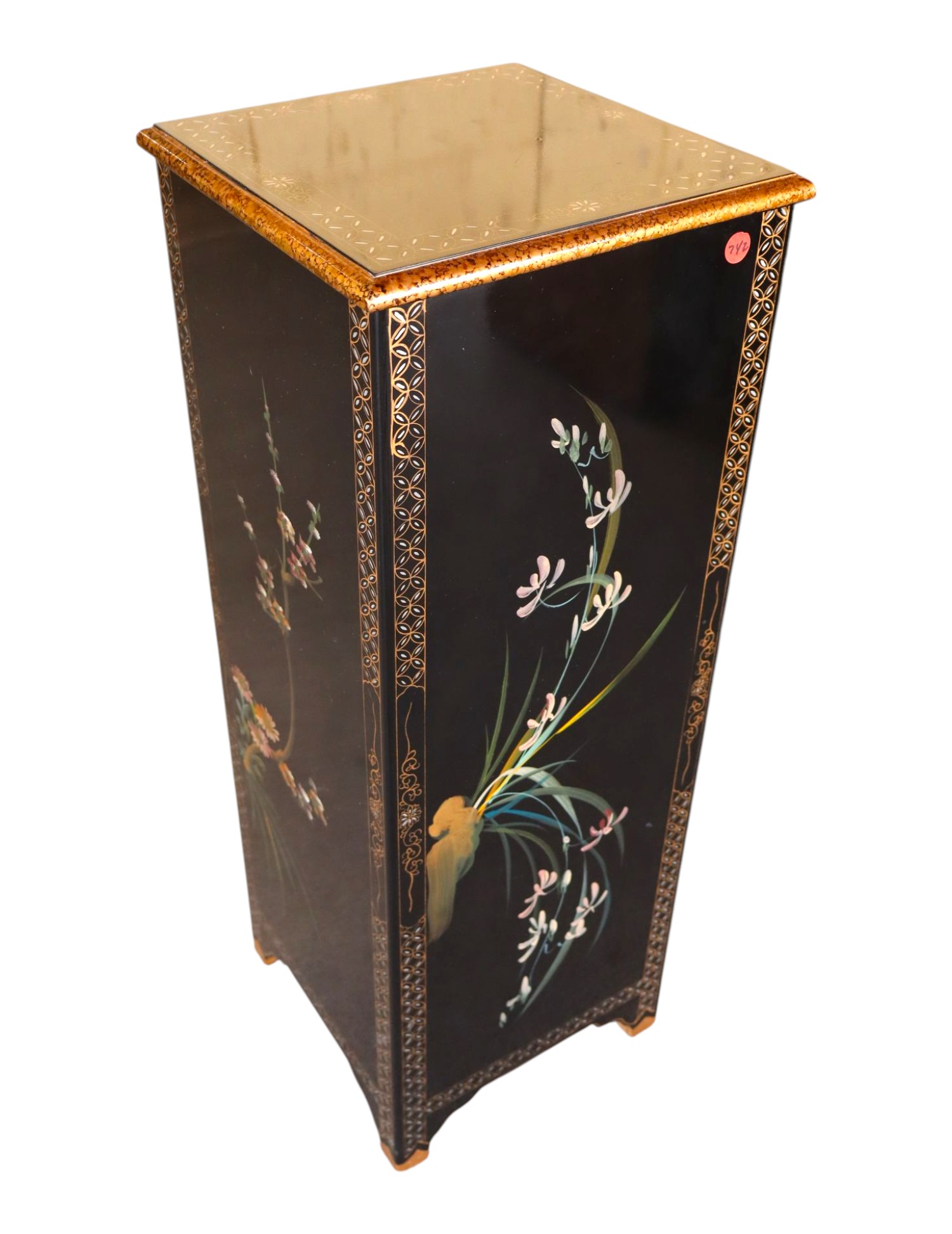 Asian decorated sq. plant pedestal table, black lacquer original finish