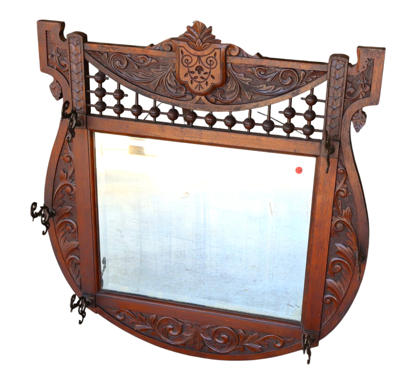 Antique oak beveled glass hall mirror w/hooks orig finish