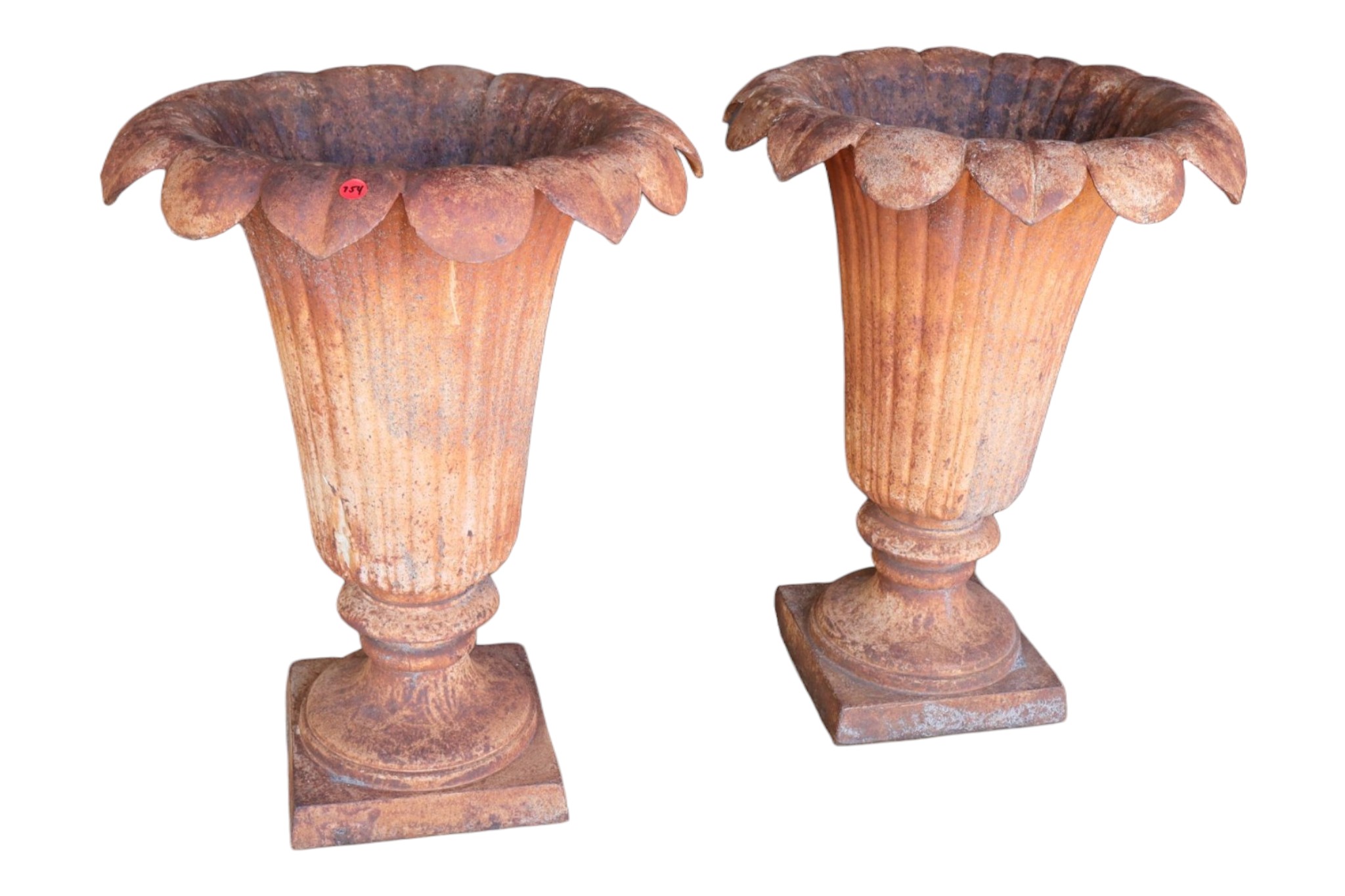 Vtg PR cast iron fluted garden urn vases 26"h x 20 dia