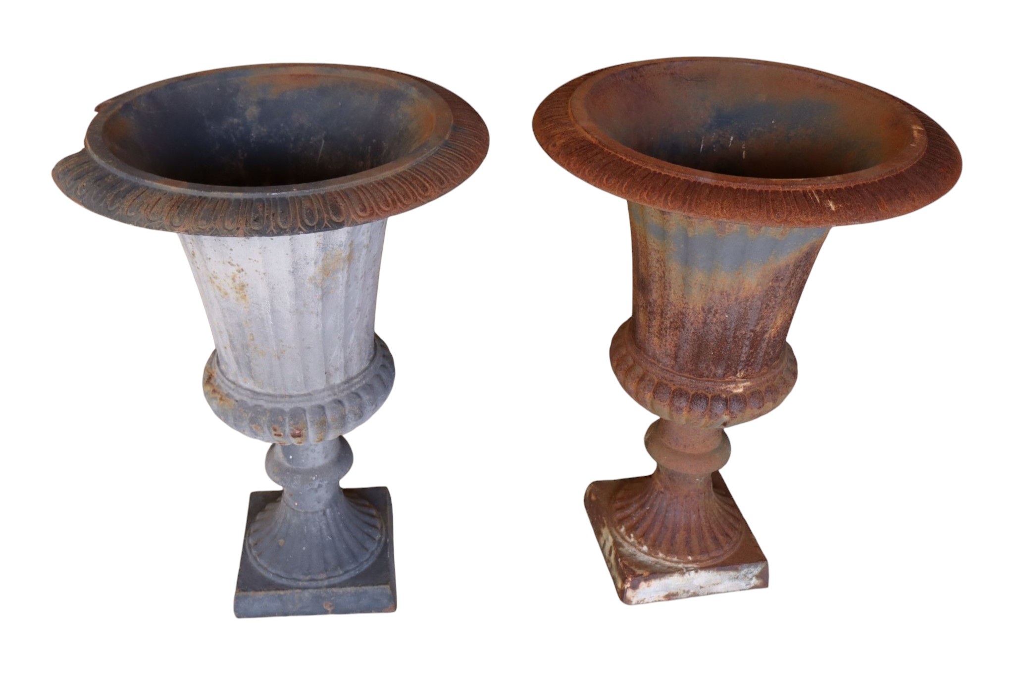 Vtg PR cast iron garden urns 22"h x 16" diameter