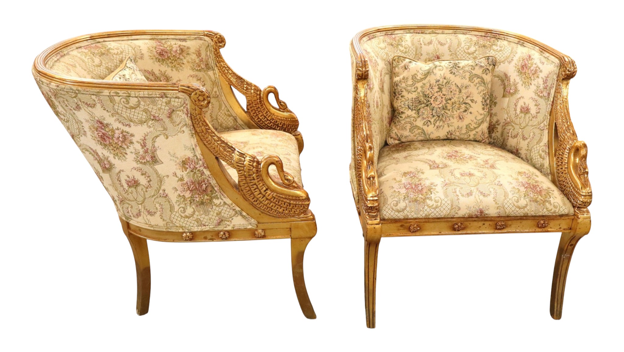 Pair French Empire Gilt Swan Carved Armchairs
