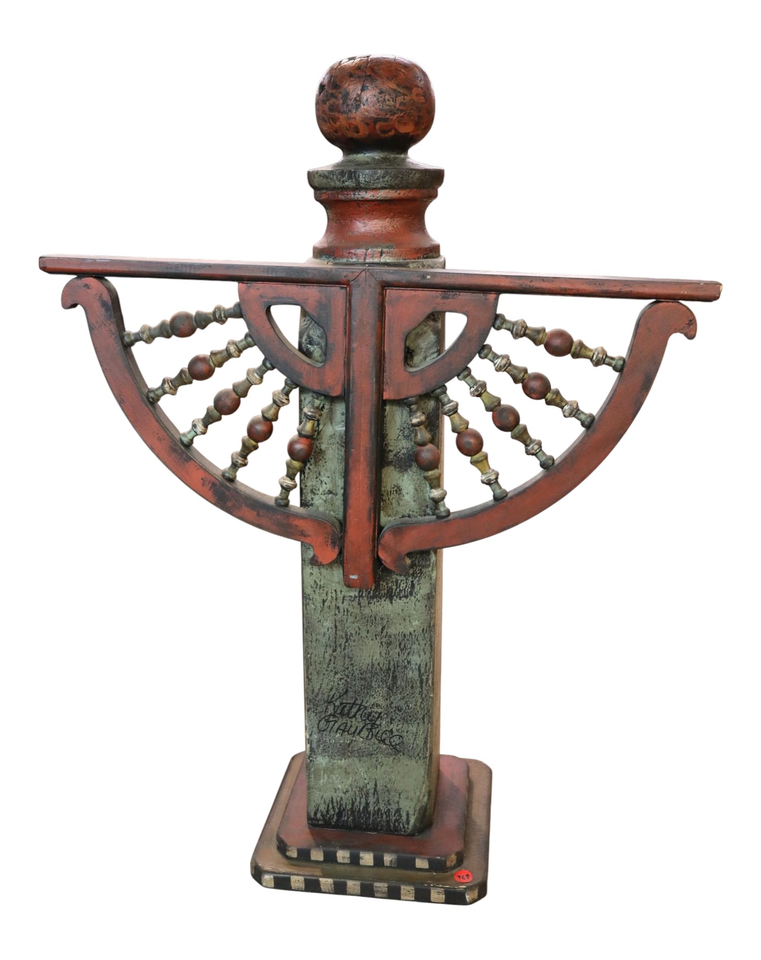Folk art painted decorative post signed Kathy Gaybill.