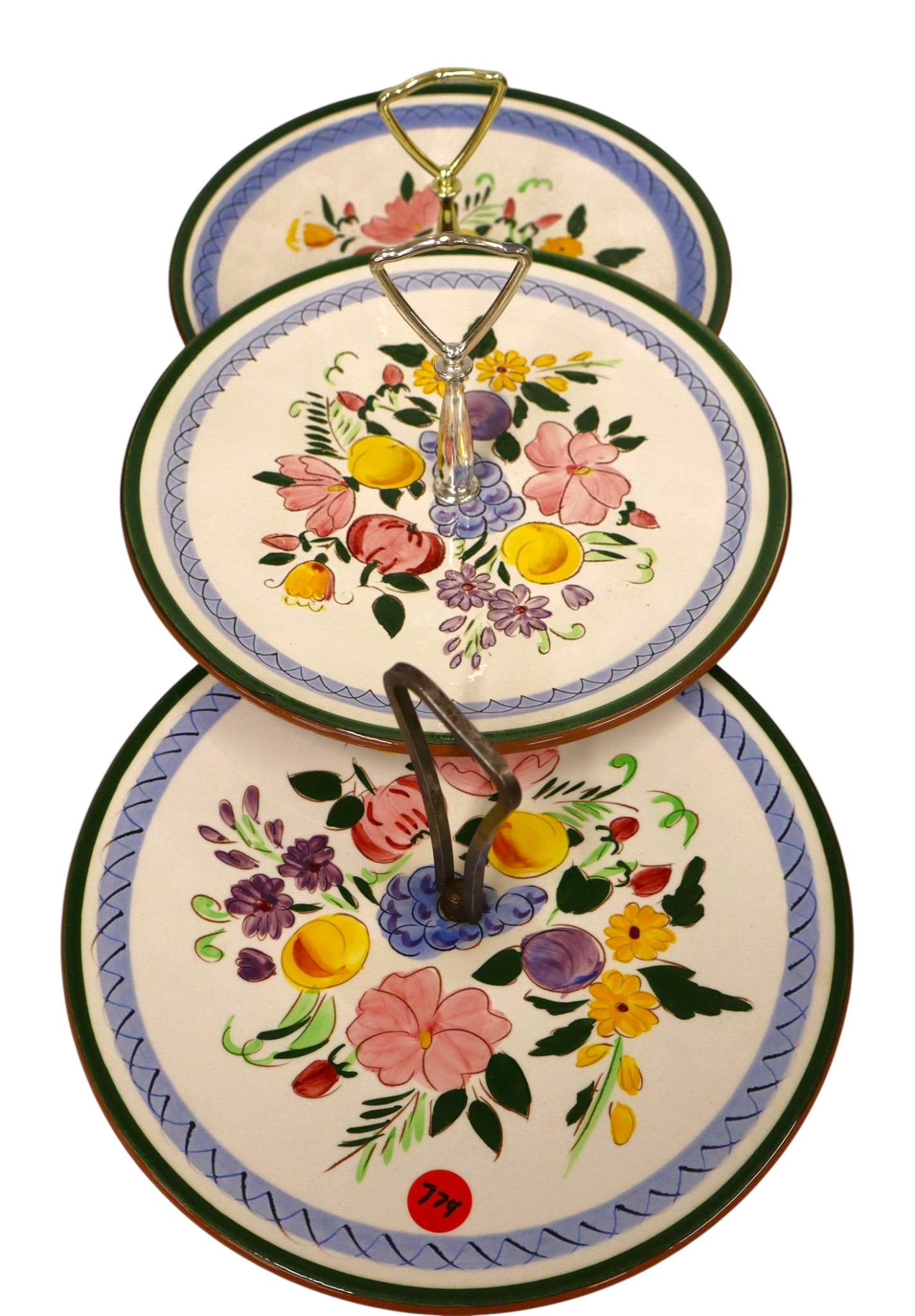 3 VTG Stangl handled desert plates in fruit and flower pattern