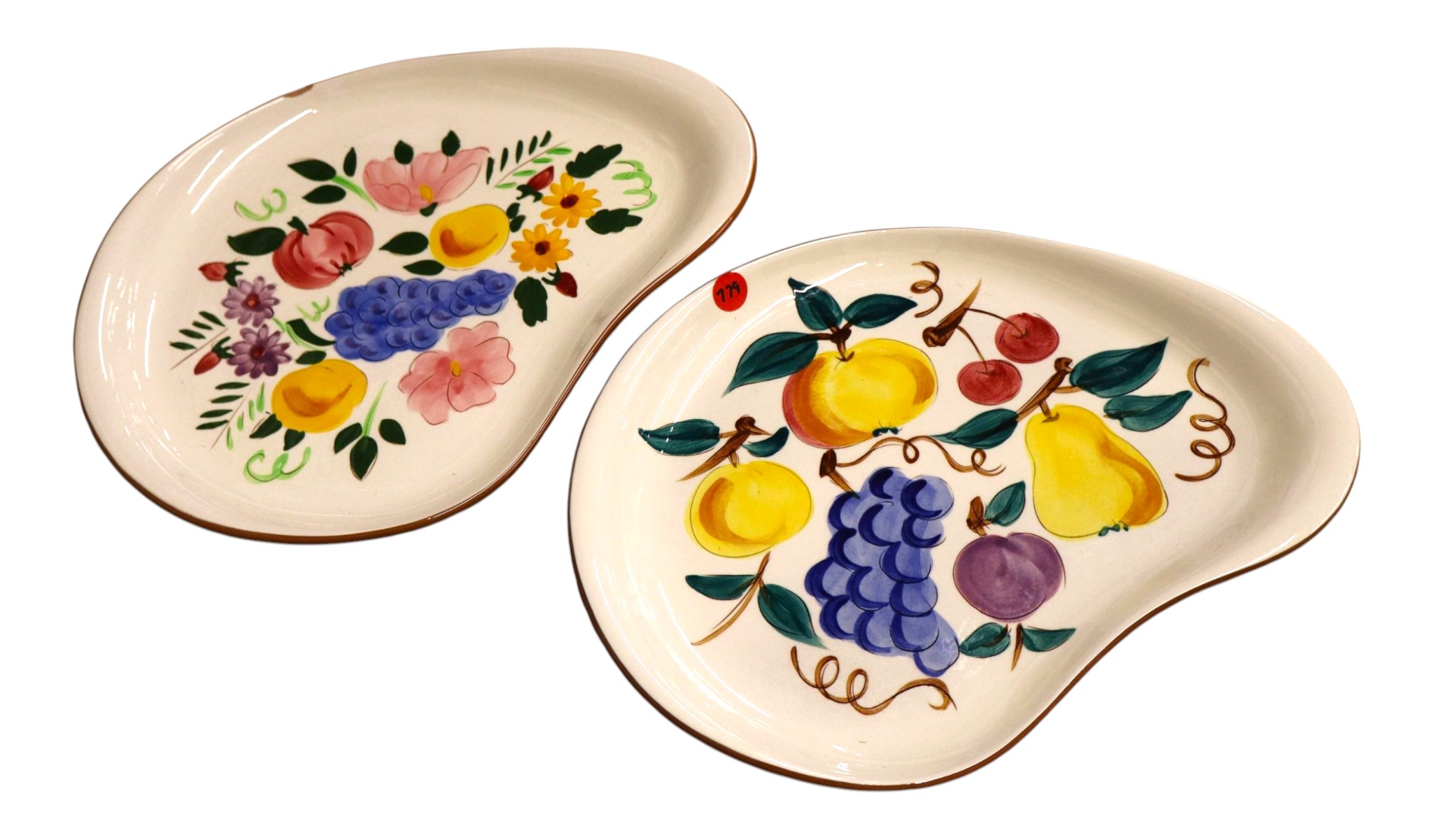 2 vintage Stangle kidney shape plates fruit and flower pattern 1 with chip
