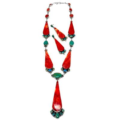 Navajo Turquoise Red Spiny Lariat Necklace Earrings Set Vernon Clarissa Hale. Introducing this 