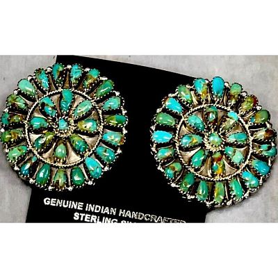 Navajo Large Turquoise Cluster Earrings Sterling Silver 1.5" Signed Native. Stunning large 