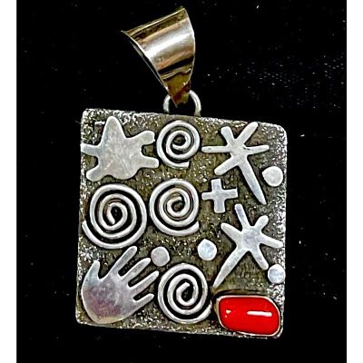 Massive Navajo Alex Sanchez Petroglyph Pendant Sterling Silver Coral. This phenomenal massive 
