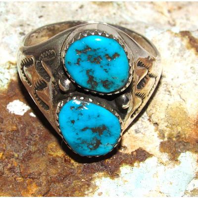 Navajo Kingman Turquoise Men Ring Size 11 Sterling Silver Signed. Navajo Kingman Turquoise Men 