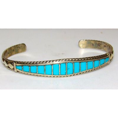 Zuni Turquoise Inlay Bracelet Sterling Native American Signed Stacker. Zuni Turquoise Bracelet 