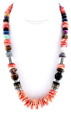 Navajo Tommy Singer Orange Spiny Heishi Necklace Sterling Silver 12K Gold 20". The Navajo Tommy 