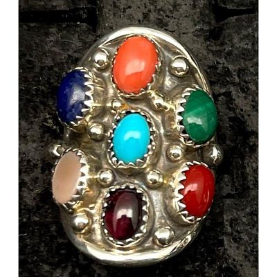Navajo Cluster Ring Sz 8 Sterling Silver Turquoise Coral Spiny Oyster Lapis. Fab colorful 