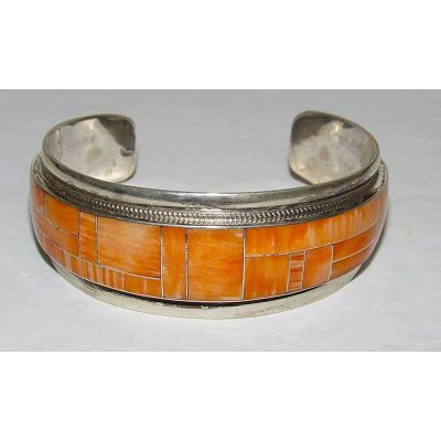 Navajo Orange Spiny Inlay Stacker Cuff Bracelet Sterling R. Begay. Fab Native American Navajo 