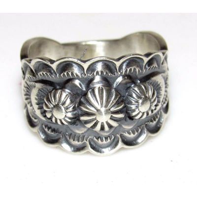 Navajo Band Ring Size 9 Sterling Silver Repousse Band Signed Bennie Ramone. Gorgeous Native 