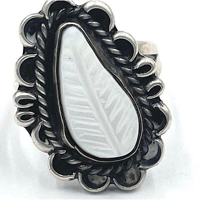 Zuni Carved Mother of Pearl Leaf Ring Size 7 Sterling Jack Weekoty. Spectacular vintage Native 