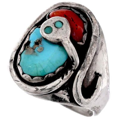 VTG Zuni Snake Ring Sz 10.5 Turquoise Coral Sterling Silver Effie Calavaza. Stunning vintage 