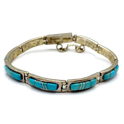 Navajo Turquoise Inlay Link Bracelet Sterling Silver Calvin Begay. Phenomenal, rare Navajo 