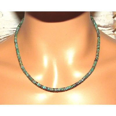 Navajo Rolled Turquoise Heishi Choker Necklace Native American 16L. Stunning Navajo green 